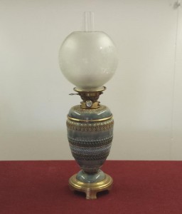 Hinks Doulton Lambeth Oil Lamp with acid etched shade