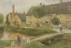 a pair of watercolours Upper Slaughter & Lower Slaughter, Cotswolds by C Wyndham Hughes 1881-1961