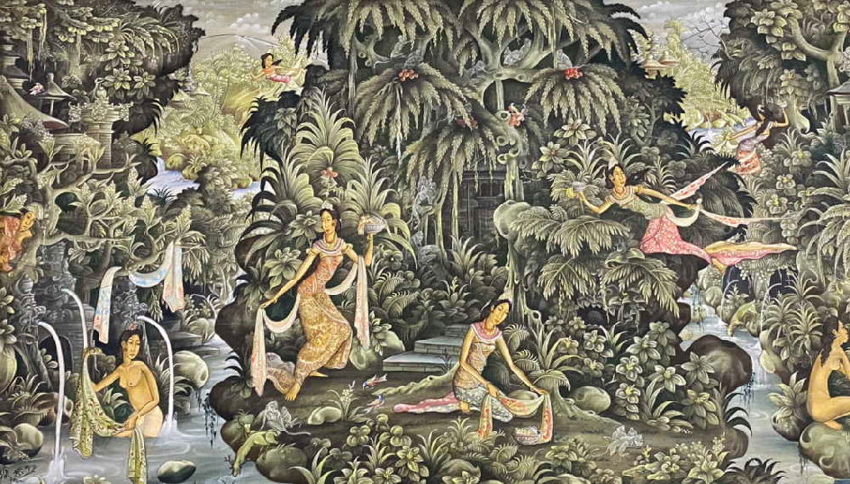 Vintage Balinese Painted Wall Hanging of Forest Scene