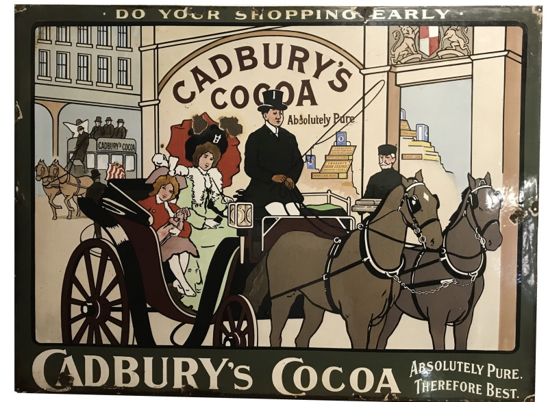 An original large Cadburys Cocoa Clock Do Your Shopping Early enamel sign