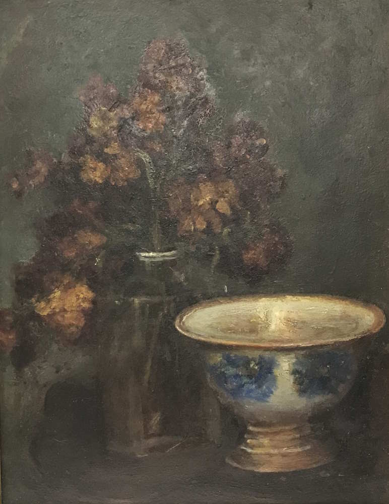 Still Life Oil on Board Flowers with Footed Bowl